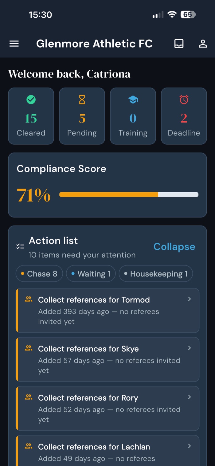 PVG Pal coordinator dashboard showing cleared, pending, training and deadline counts with an overall compliance score and action list